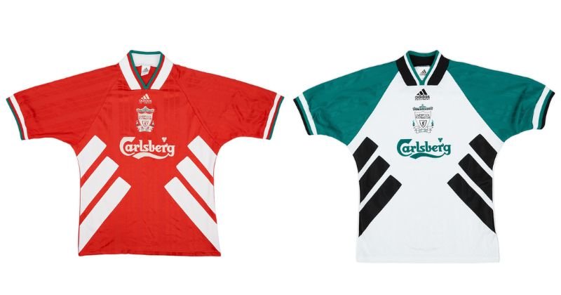 liverpool 1993-95 adidas home and away shirts in red and white and teal green and white
